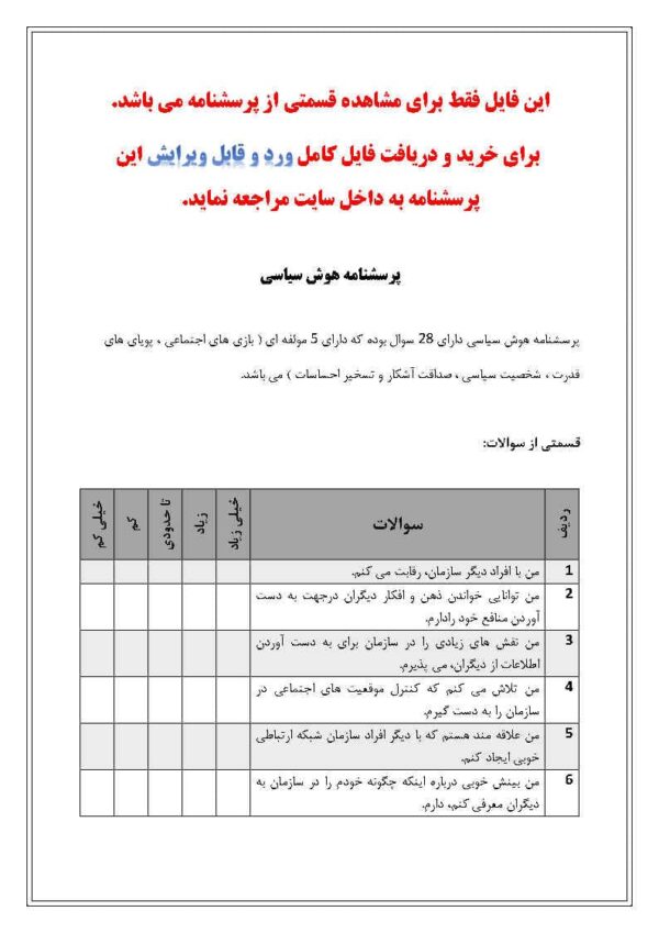 دانلود رایگان پرسشنامه هوش سیاسی (Word) - Image 2