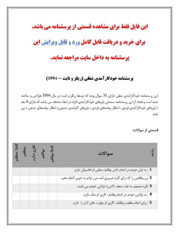 دانلود رایگان پرسشنامه خودکارآمدی شغلی (ریگز و نایت - 1994) - Image 2